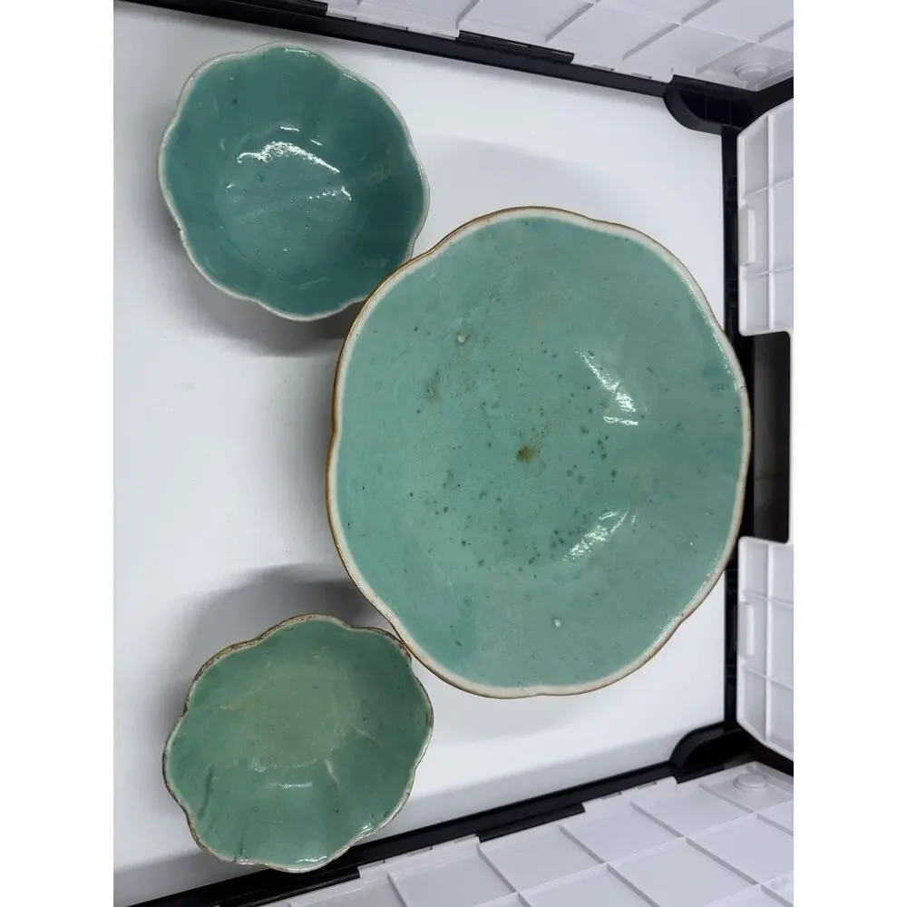 3 Antique Chinese Famille Rose Porcelain Bowl & Scalloped Dishes Set Turquoise